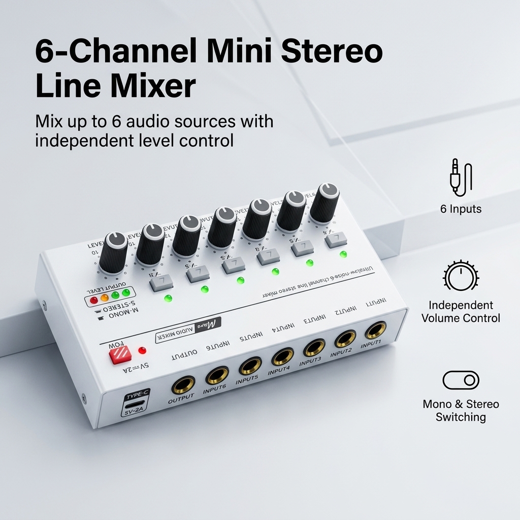 Audio Mixer 4 Channel - Przenośny, ultra cichy mikser audio 4/6/8-kanałowy,