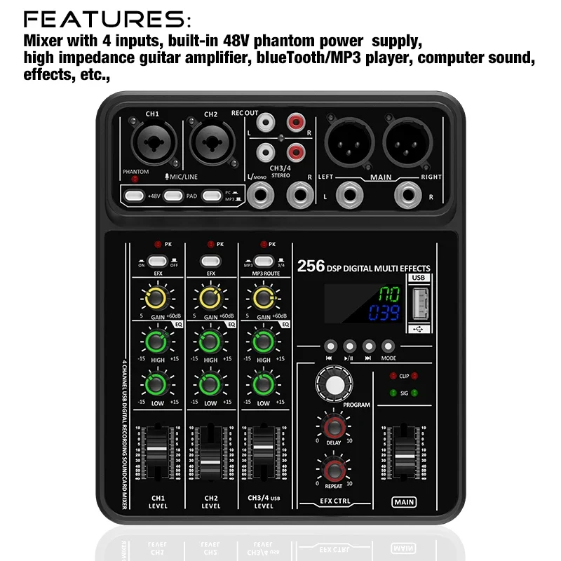 Audio Mixer 4 Channel - Mikser audio z interfejsem audio, Bluetooth,