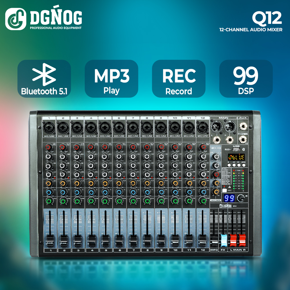 Audio Mixer 4 Channel - Profesjonalny 12-kanałowy mikser audio DGNOG Q12,